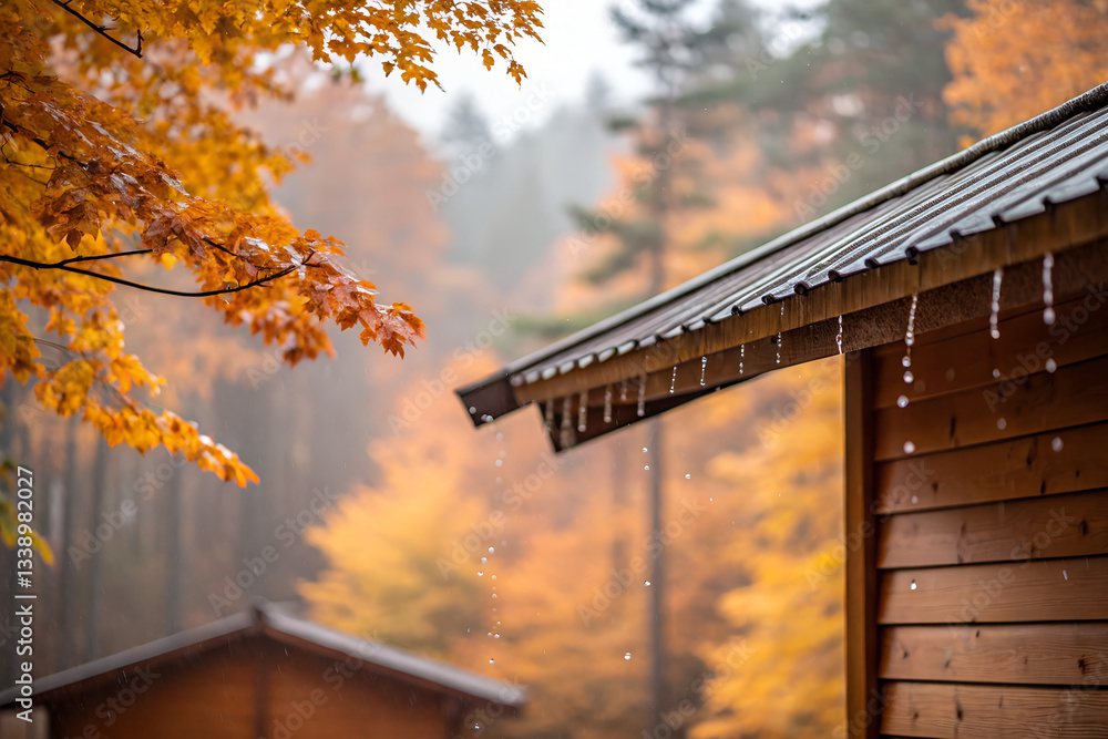 Fototapeta premium Water Dripping from Roof in Autumn Rain Against Colorful Trees 