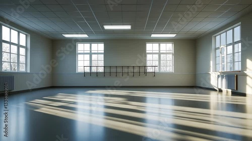 Empty dance studio with large windows allowing natural light to illuminate the polished wooden floor