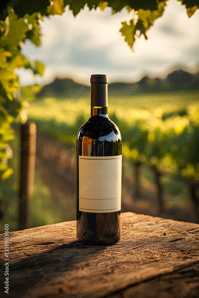 Fototapeta premium Elegant wine bottle showcased amidst lush vineyard and ripe grapes at sunset. Generative AI