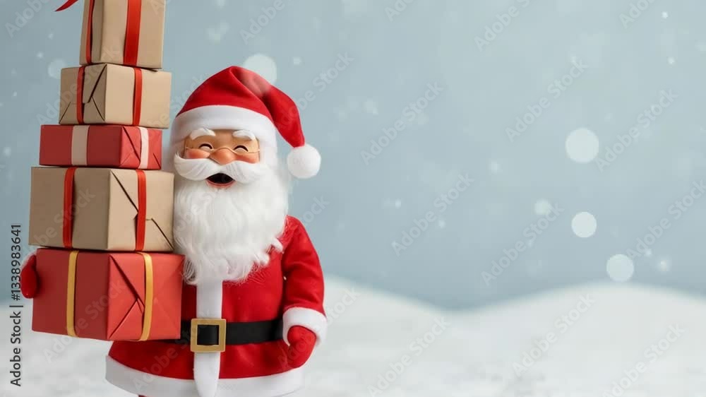 Jolly santa balances tower of gifts in snowy winter wonderland scene Jolly santa balances tower of gifts in snowy winter wonderland scene