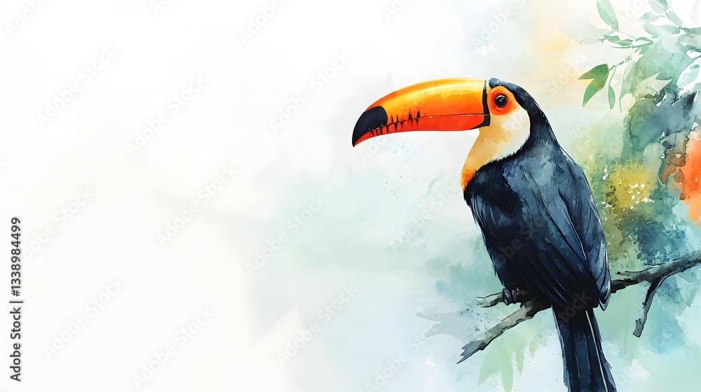 Obraz premium A Vibrant Toucan Perched on a Branch in Watercolor Style