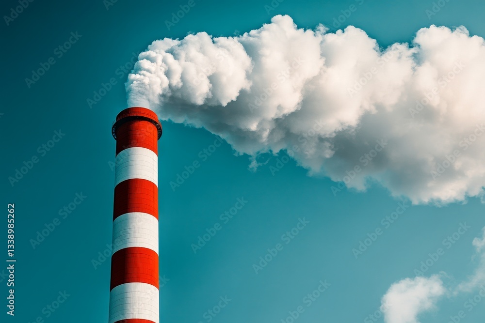 Red and white striped smokestack releases white clouds into a clear blue sky during a sunny day Red and white striped smokestack releases white clouds into a clear blue sky during a sunny day