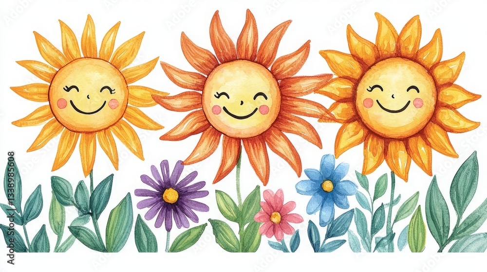 Fun laughter positivity burst. A cheerful illustration featuring three smiling suns surrounded by colorful flowers and green leaves, evoking joy and warmth. Fun laughter positivity burst. A cheerful illustration featuring three smiling suns surrounded by colorful flowers and green leaves, evoking joy and warmth.