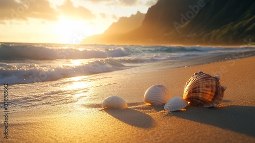 Sunset over a beach with seashells and gentle waves.