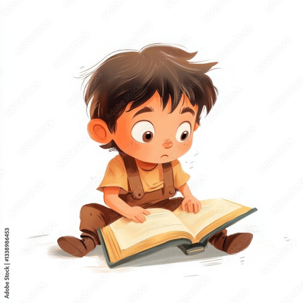 Charming Illustration of Young Boy Reading Large Book Charming Illustration of Young Boy Reading Large Book