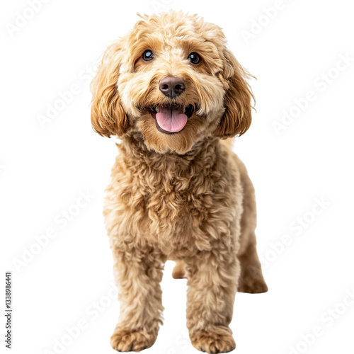 Cute, happy labradoodle standing upright in a full-body shot, against a white background