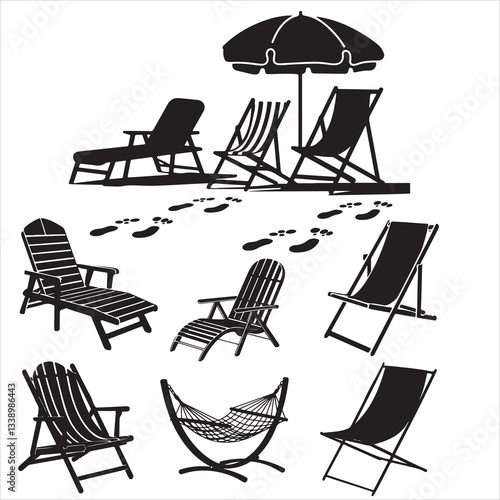 set vector various beach umbrella, beach chair silhouettes	
