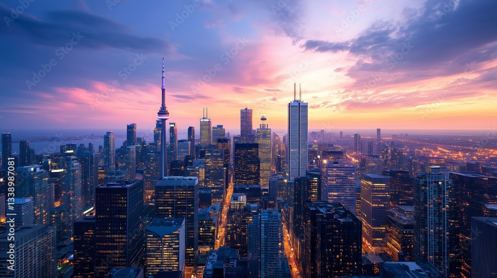 Obraz premium City skyline at dusk featuring various skyscrapers and buildings.