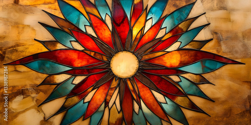 Vibrant multicolor abstract sunburst design, unique geometric pattern, colorful artistic centerpiece, radiant ornamental artwork