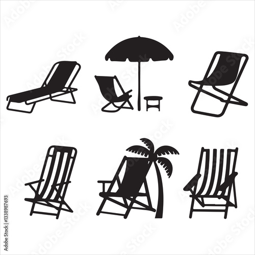 set vector various beach umbrella, beach chair silhouettes	
