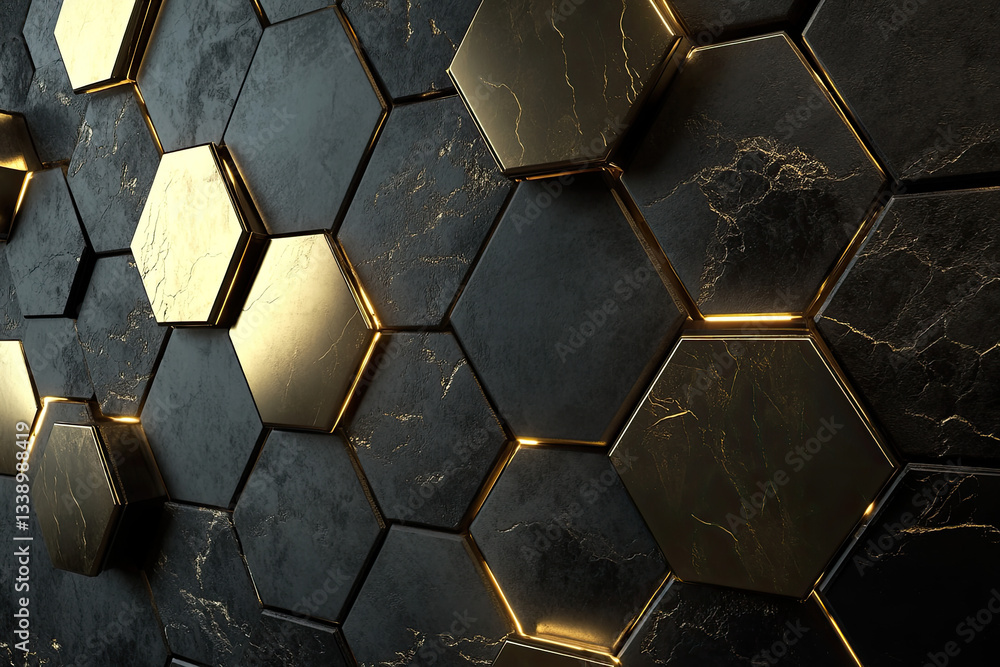 A futuristic interior featuring a statement wall of interconnected oversized hexagons in shimmering gold and deep black marble. The smooth textures and ambient glow highlight the contrast between A futuristic interior featuring a statement wall of interconnected oversized hexagons in shimmering gold and deep black marble. The smooth textures and ambient glow highlight the contrast between