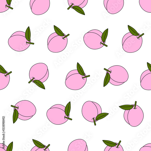 Plum seamless pattern. Ripe pink plums repeating print, of fresh garden fruits cartoon style, cute berry with leaf fashion textile wallpaper endless design. Vector texture