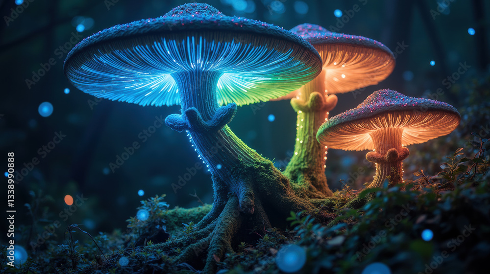 Magical glowing mushrooms in mystical forest, illuminated by vibrant colors. enchanting scene evokes sense of wonder and tranquility Magical glowing mushrooms in mystical forest, illuminated by vibrant colors. enchanting scene evokes sense of wonder and tranquility