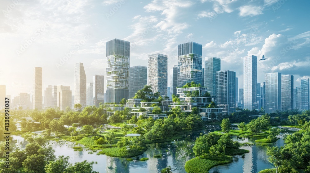 Obraz premium Futuristic ecocity skyline with green buildings integrated into nature environment urban harmony