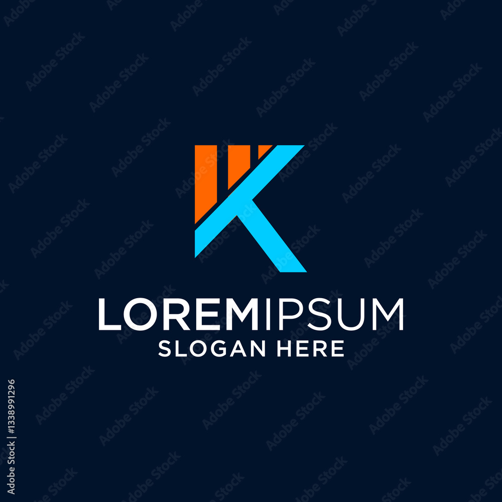 Modern Abstract Letter K Logo Design with Blue and Orange on Dark Background Modern Abstract Letter K Logo Design with Blue and Orange on Dark Background