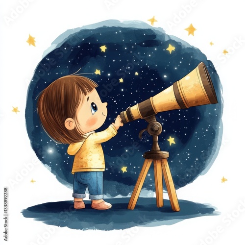 Child with Telescope Gazing at Starry Night Sky