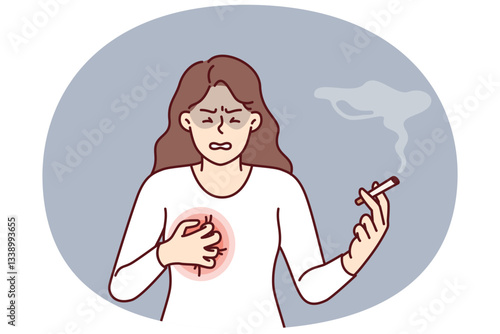 Woman smokes with heart condition needs give up cigarettes and tobacco to avoid dying from cancer. Sick girl feels severe pain in chest due to long-term smoking of nicotine cigarettes.