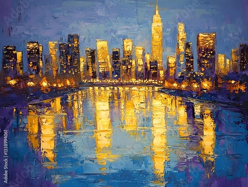 Glimmering Cityscape Reflection at Dusk - Textured Palette Knife Painting of Golden Lights and Purples