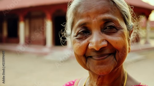 An elder South Asian woman shares a warm smile while wearing traditional attire, surrounded by a peaceful village atmosphere in broad daylight
