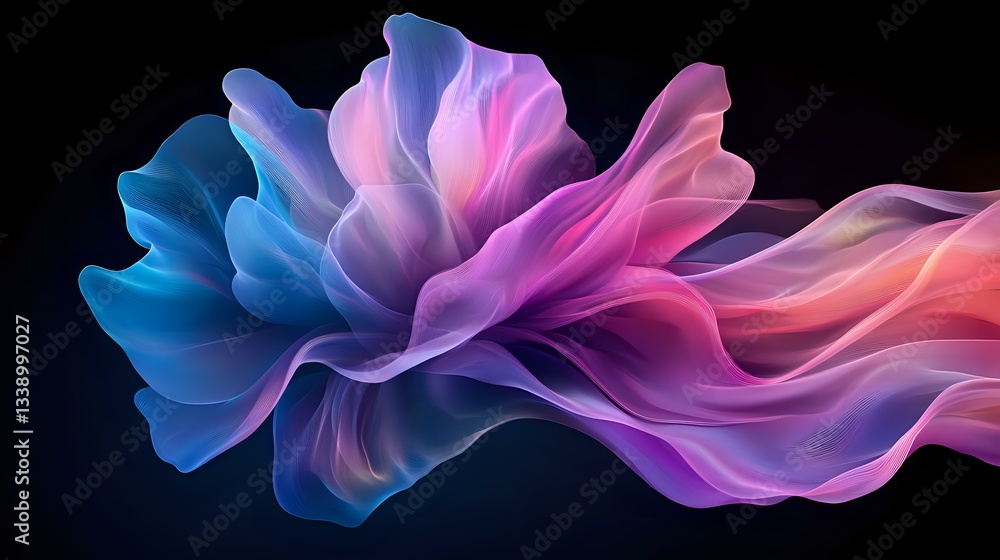 Flowing abstract smoke in vibrant pink, purple and blue colors against black background creates dynamic motion effect, suitable for creative design projects. Flowing abstract smoke in vibrant pink, purple and blue colors against black background creates dynamic motion effect, suitable for creative design projects.