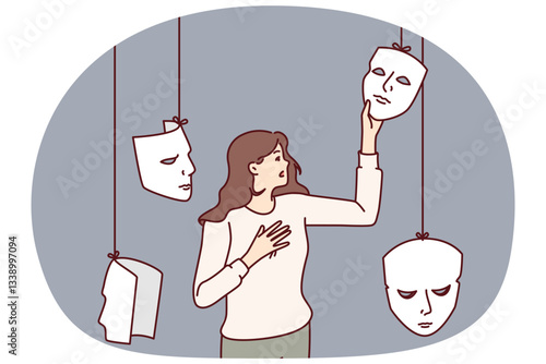 Woman actress chooses mask for performing in theater or substituting emotions to deceive interlocutor. Girl with masks, metaphor for hypocrisy and mental disorder or mental problems.