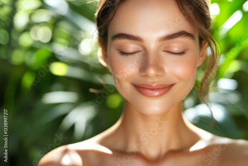 Woman with soft smile basks in sunlight, revealing natural beauty routine for radiant complexion. Balanced hydration and conscious steps nurture beauty without harsh chemicals