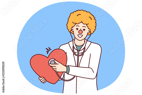 Doctor with clown haircut holds stethoscope and big heart in hand to congratulate children on red nose day. Funny doctor pediatrician calls to draw on cardiovascular diseases and undergo diagnostics