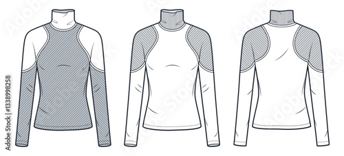 Long Sleeve Top Technical Fashion Illustration. Turtleneck Top fashion flat technical drawing template, slim fit, ribbed, front and back view, white, grey, women, men, unisex CAD mockup set.