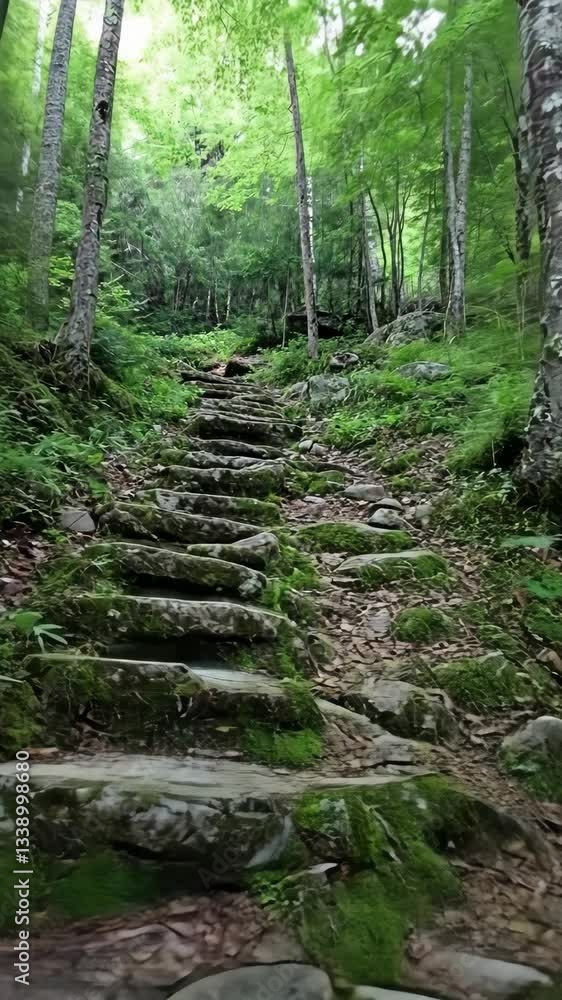 Exploring a moss-covered stone staircase in a lush forest during a sunny day Exploring a moss-covered stone staircase in a lush forest during a sunny day