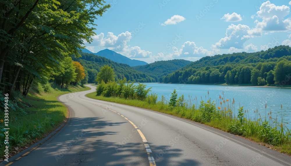 Obraz premium Scenic drive along serene lake nature landscape daylight tranquil vibe