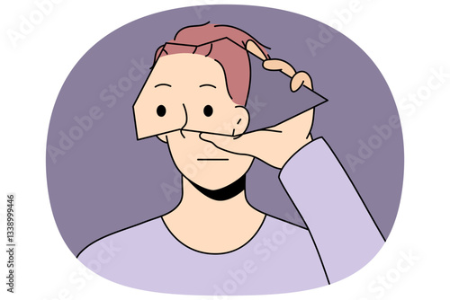Man experiencing mental disorder holds piece of mirror near face suffering from mental illness. Young sad guy with broken glass in hand looks at screen in need of psychological help.
