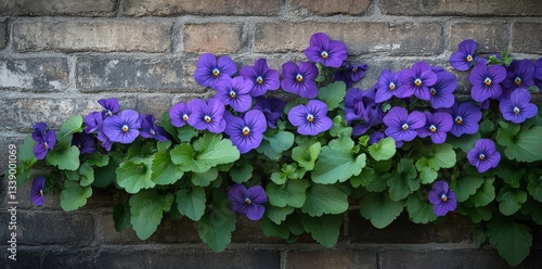 A vibrant display of purple flowers growing along a textured brick wall, creating a striking contrast between nature and architecture.