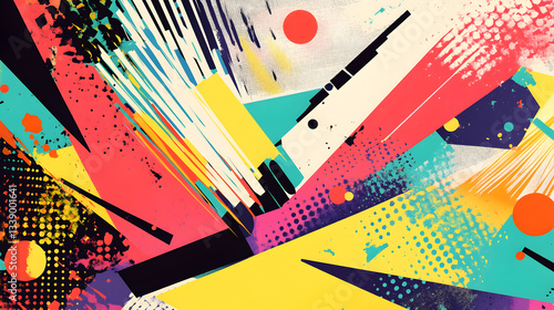 design in pop art style with an explosion of vibrant color blocks and halftone textures 
