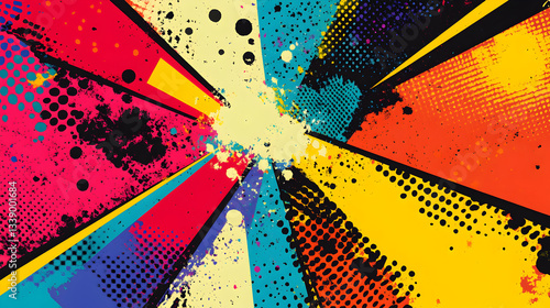 design in pop art style with an explosion of vibrant color blocks and halftone textures 