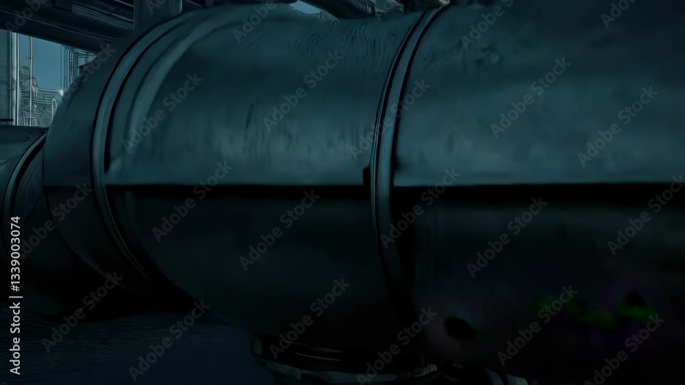 Industrial complex pipe system transitioning through infrastructure in motion Industrial complex pipe system transitioning through infrastructure in motion