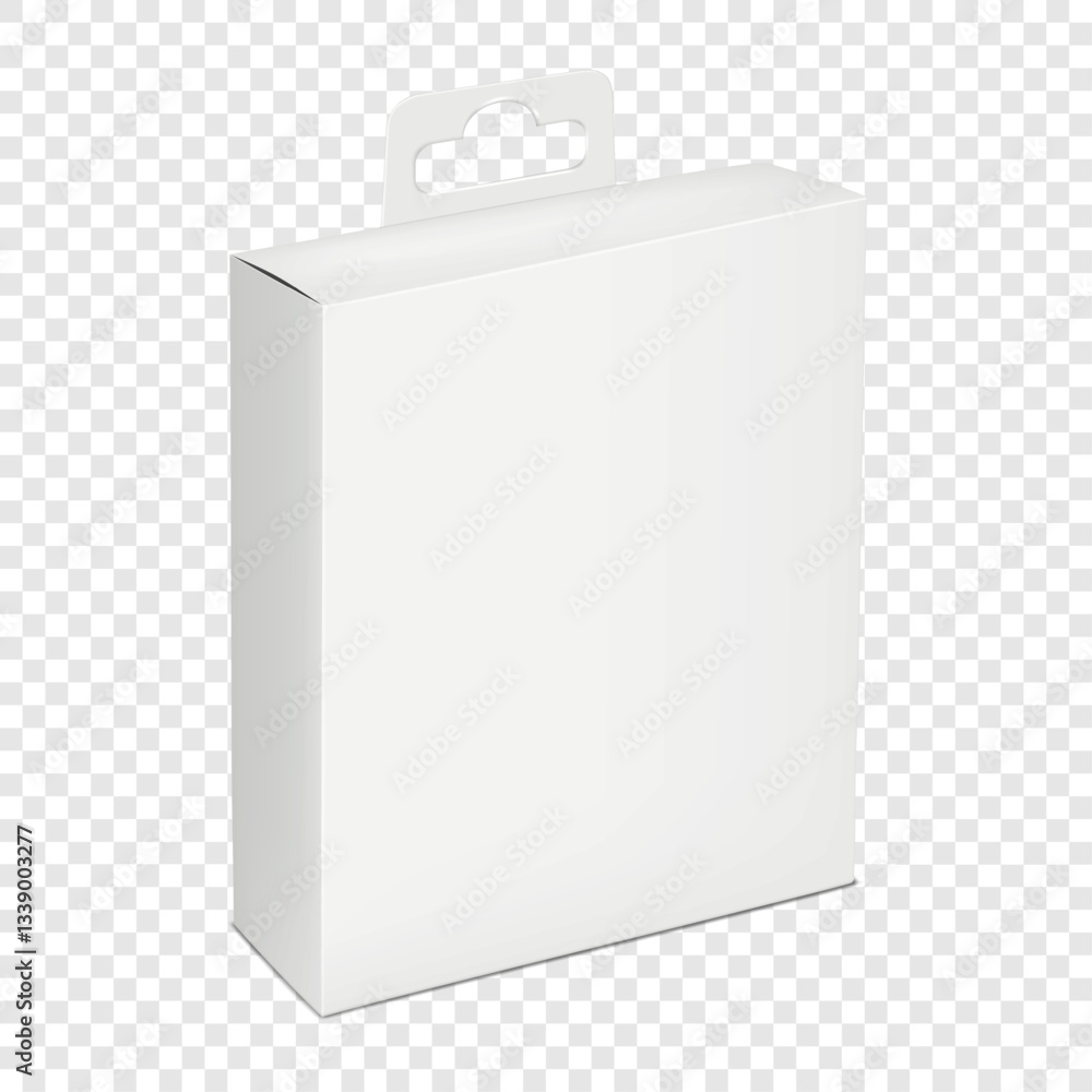 White blank narrow square paper box with euro hole tab. 3d mockup. Hanging paperboard container with tuck-in flap lid. Realistic vector mock-up. Folding carton box. Template for design