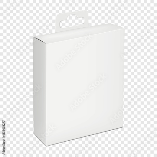 White blank narrow square paper box with euro hole tab. 3d mockup. Hanging paperboard container with tuck-in flap lid. Realistic vector mock-up. Folding carton box. Template for design