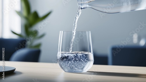 Wallpaper Mural Pouring fresh, clean water into a glass on a wooden table, bubbles rising to the surface, healthy hydration concept. Torontodigital.ca