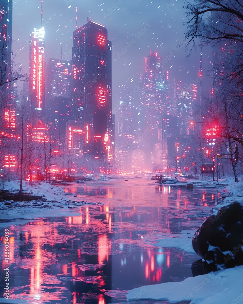 Fototapeta premium Futuristic cityscape with neon lights reflecting on a snowy river at night.