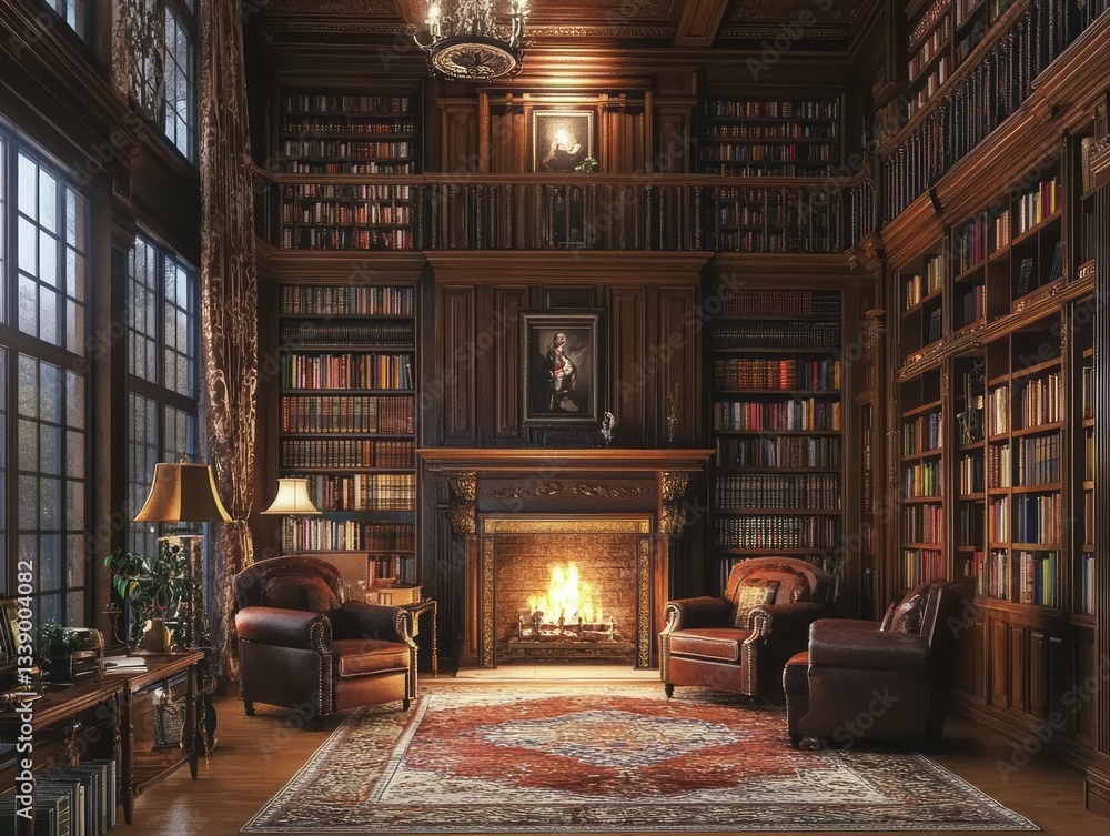 Fototapeta premium A Classic Elegant Library Room Featuring Cozy Armchairs And Books