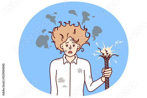Business woman is electrocuted by broken wire, standing with shaggy hair and dirty face. Concept problems in business due to lack of professionalism and destructive actions badly affecting company