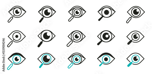 icons set of eye and magnifying glass in various styles