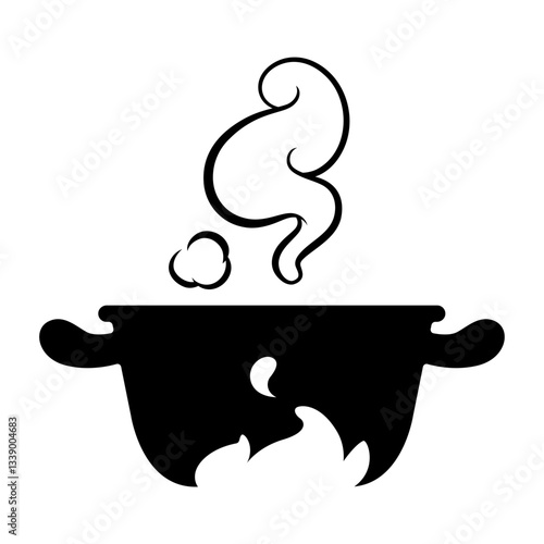 A black graphic of a kettle placed on a stove and steaming.