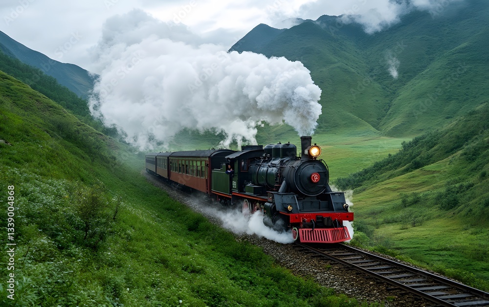 Obraz premium An old steam locomotive with a vintage black and red body, puffing thick white smoke while traveling through a lush green valley.