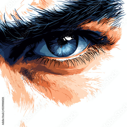 A close-up vector illustration of a piercing, expressive eye with vivid blue iris, emphasizing the fine details of the eyelashes and eyebrow. The focus on the eye conveys strength and intensity
