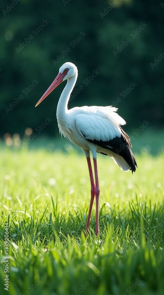 Fototapeta premium Graceful stork standing tall in a lush green field during golden hour