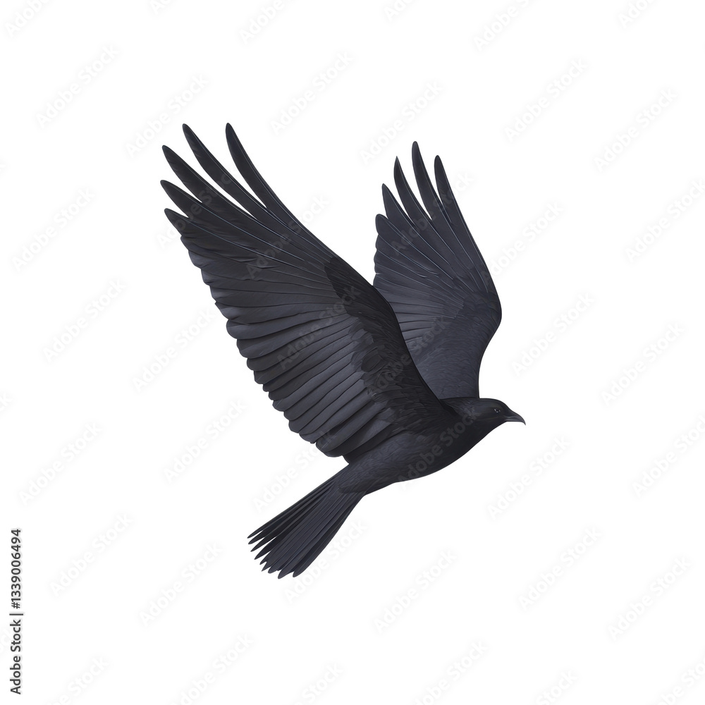 Fototapeta premium Black bird in flight, isolated on a white background.