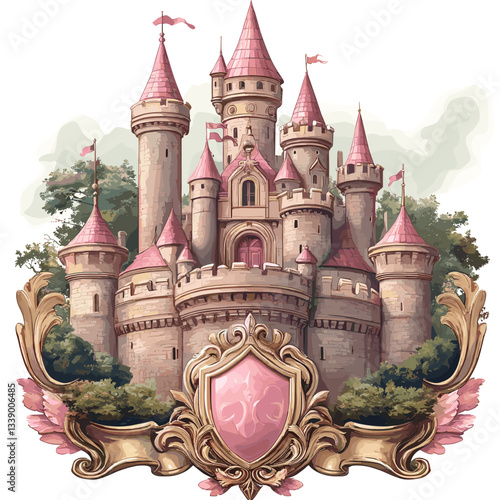 A fairytale castle with pink turrets and a majestic shield at the base. The castle is set within a lush landscape, symbolizing fantasy and royalty, with an elegant and detailed design