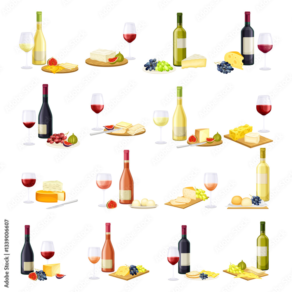 Fototapeta premium Wine Bottle with Cheese and Berry Vector Set