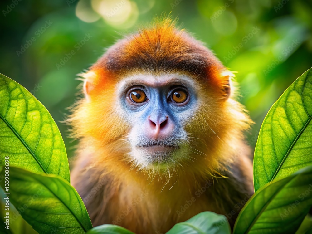 Fototapeta premium Golden Monkey Rainforest Canopy Wildlife Photography - Curious Primate Peeking Through Leaves